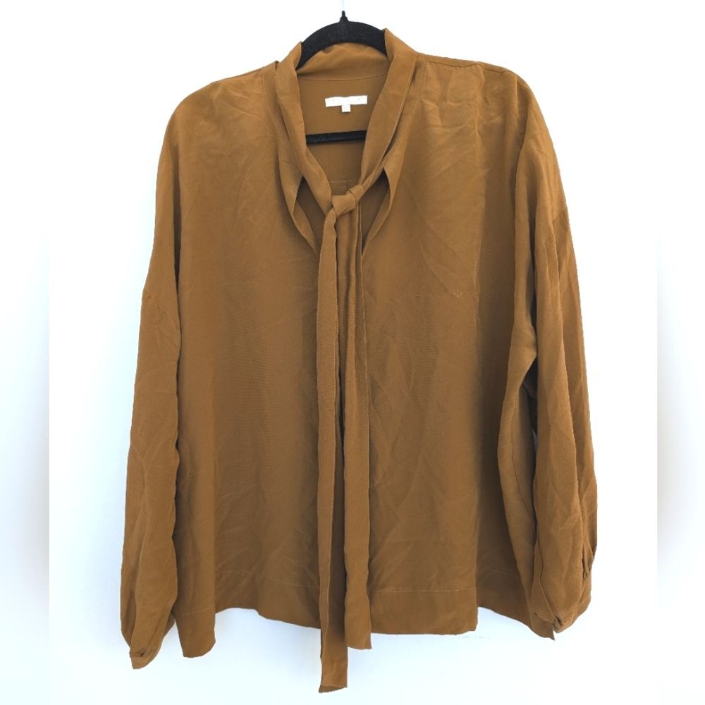 Gold Hawk 100% Silk Tie Neck Long Sleeve V Neck Lightweight Flowy Blouse Sz M